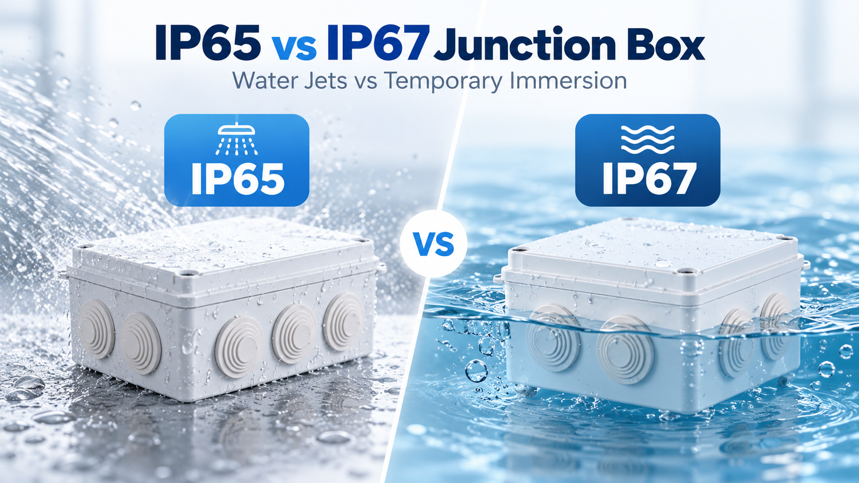 Comparison illustration of IP65 and IP67 plastic junction boxes, showing water jets on IP65 and temporary immersion for IP67.