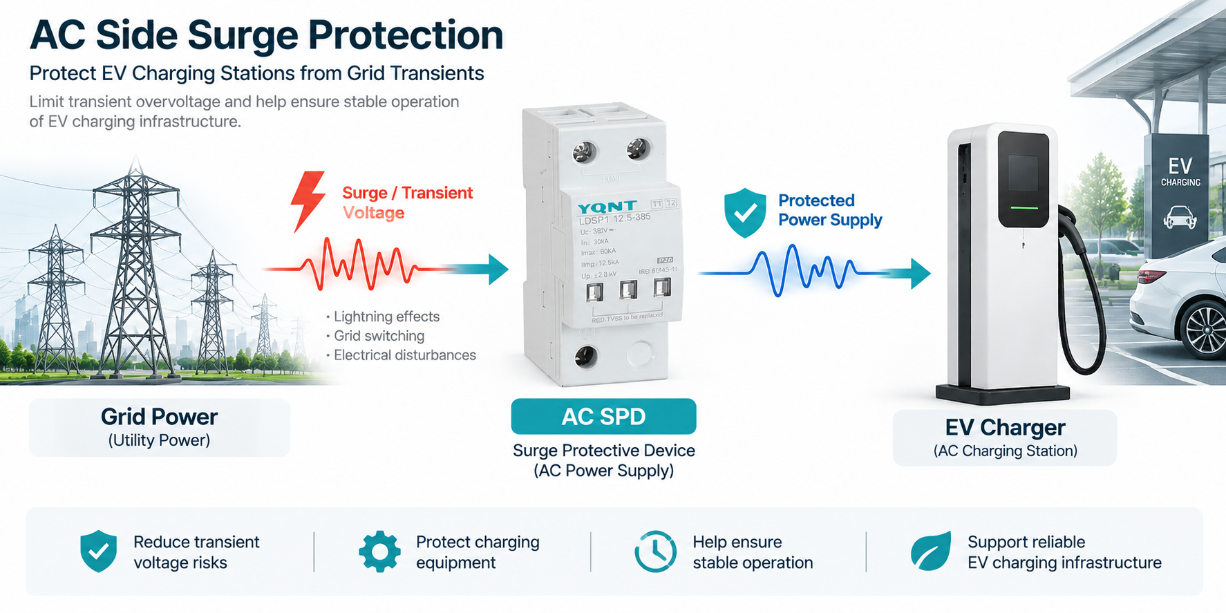AC SPD surge protection for EV charging station input power, showing grid power connected to an AC surge protective device before the EV charger