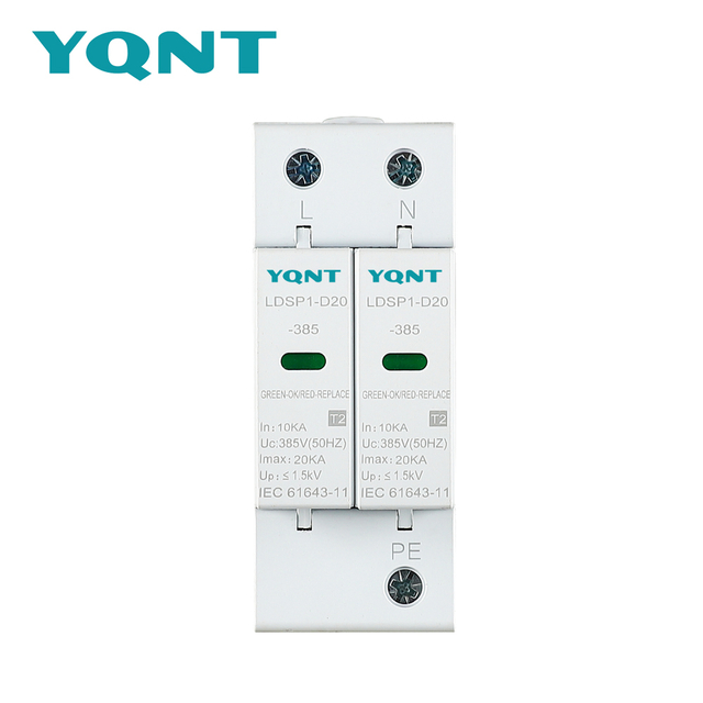 Compact Type 2+3 AC SPD in 1+1 configuration using a 385Vac L-N module and a dedicated 255Vac N-PE module.