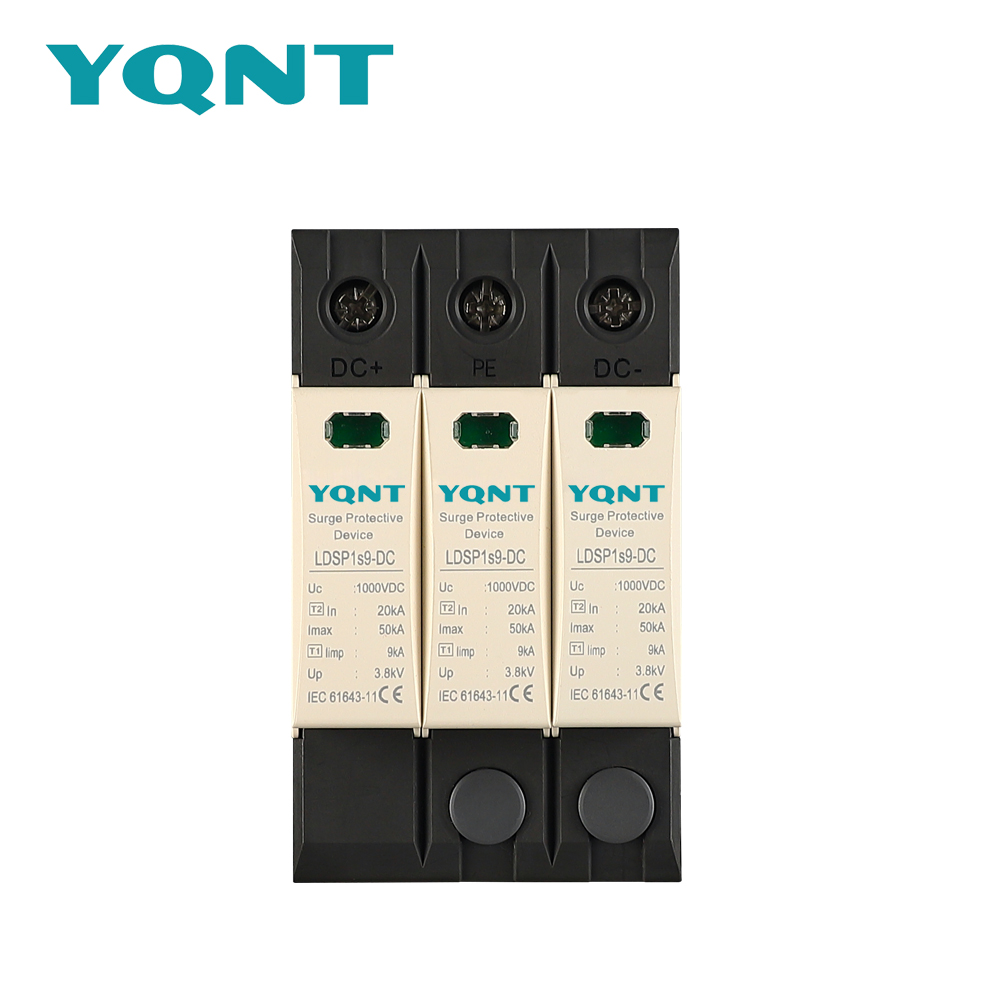 Front view of YQNT LDSP1s9 1000V Type 1+2 DC SPD with DC+, PE and DC− terminals