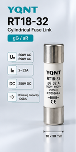YQNT RT18-32 cylindrical fuse link, 10 × 38 mm, rated current range 2–32 A