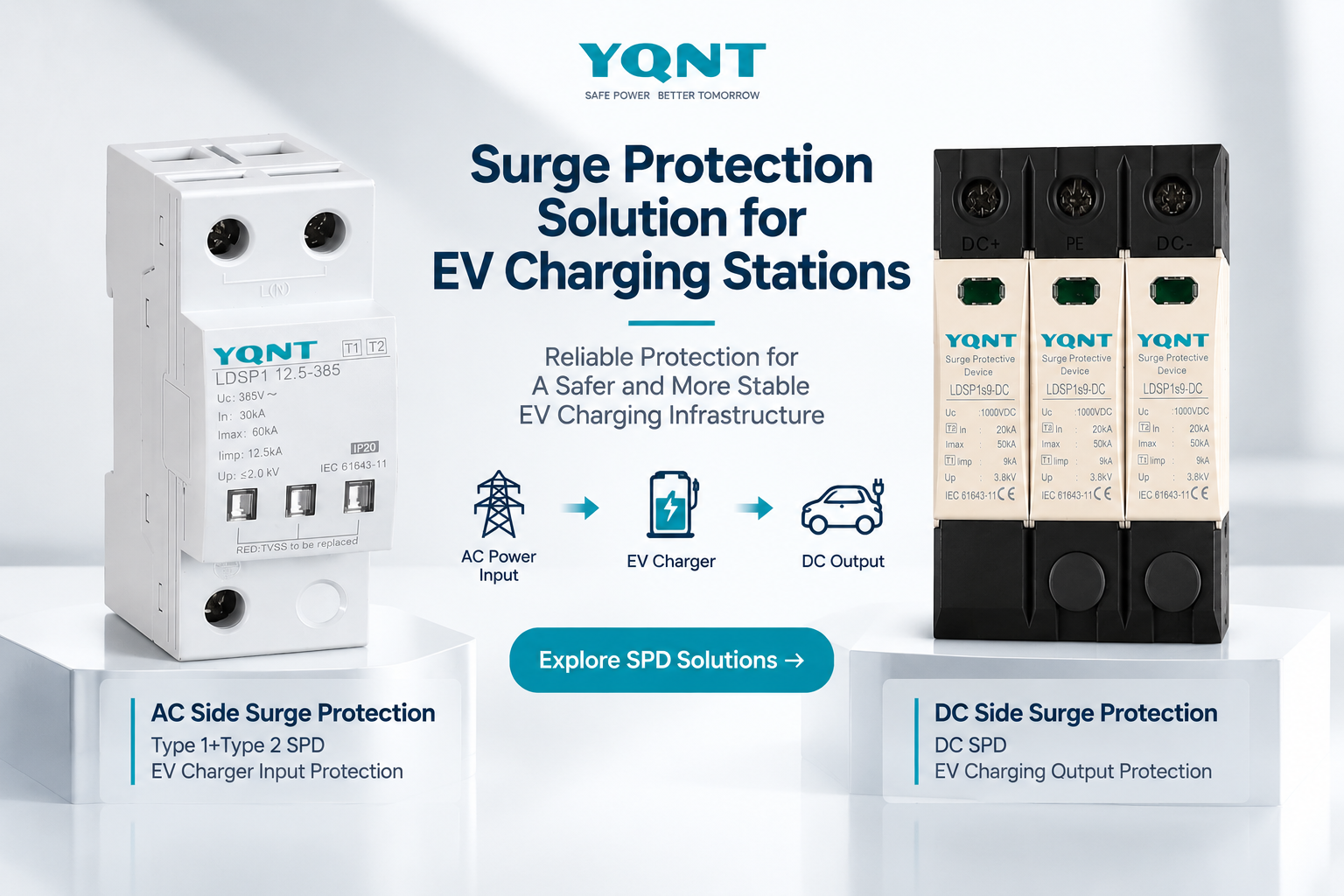 EV charging station surge protection solution with AC and DC SPD devices protecting EV charger input and output circuits from transient voltage