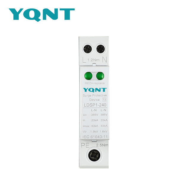 LDSP1-40 1+1 AC surge protector Type 2 SPD with L-N and N-PE paths and green operating-status indication.