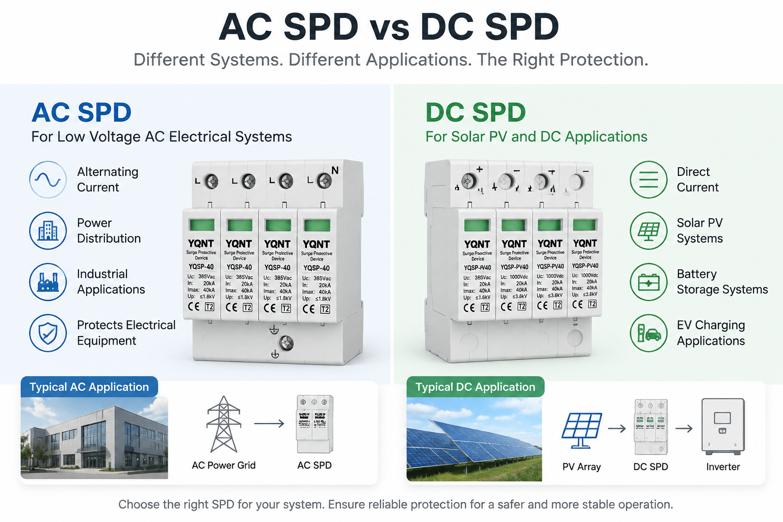 AC SPD vs DC SPD comparison showing AC surge protection devices for low voltage electrical systems and DC surge protection devices for solar PV and DC applications.