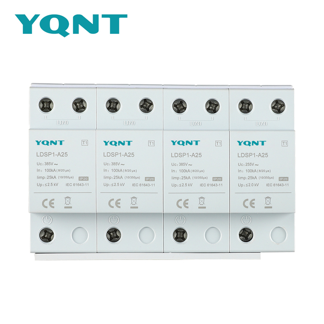 25kA Type 1 AC SPD in 3+1 configuration with three 385Vac paths and one 255Vac N-PE protection path.