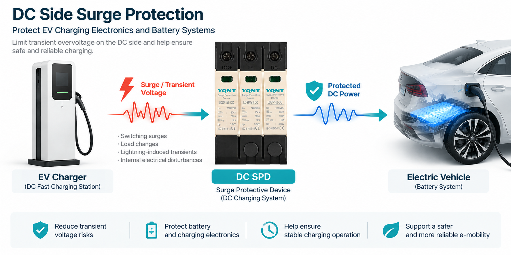 DC SPD surge protection for EV charging system, showing DC power protection between EV charger output and electric vehicle battery system